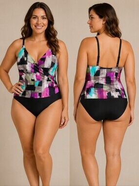 🌹Abstract Brushstroke One-Piece Swimsuit in Black and Multi, Size 16